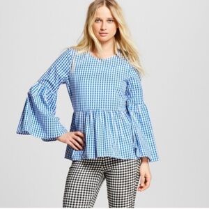 Who What Wear Blue Bell Sleeve Gingham Top